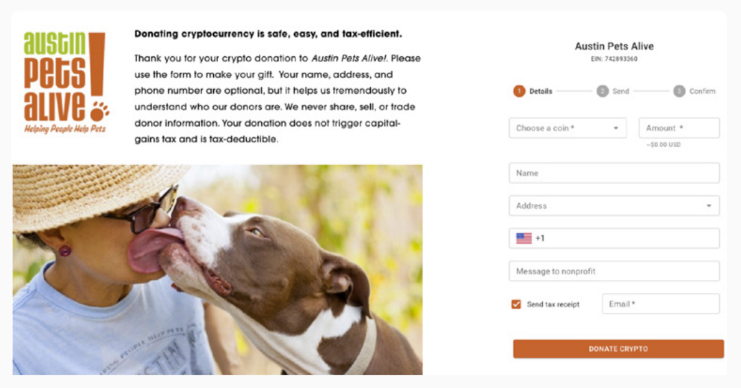 An embedded crypto fundraising form further streamlines the donation process.
