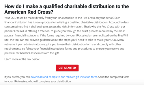 American Red Cross QCD page giving donors instructions on how to make these major gifts to their organization.