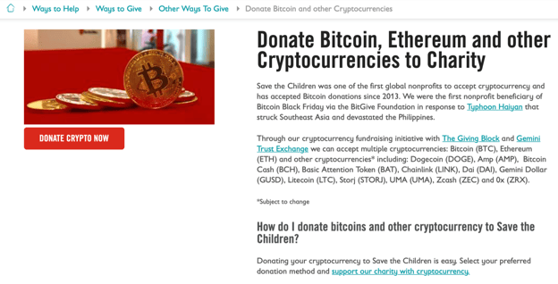 Save the Children web page with information on donating cryptocurrency.