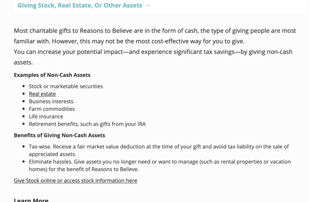 Reasons to Believe stock gift page lists what type of assets can be donated.