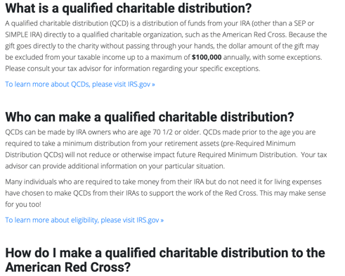 American Red Cross QCD page answering donor questions in order to bring in more of these major gifts to their organization.