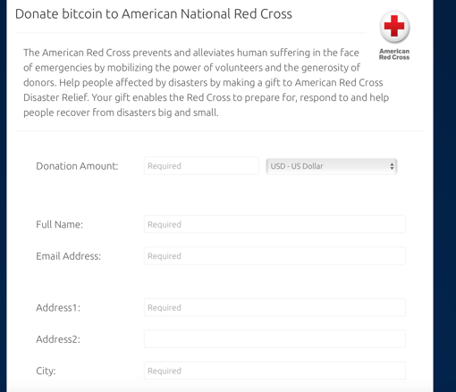 Example of a form for donors to fill out with contact info before donating crypto to the American Red Cross