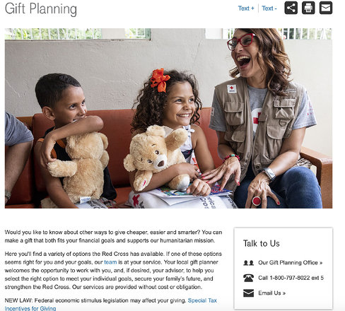 he Red Cross uses a dedicated microsite to promote planned giving to donors.
