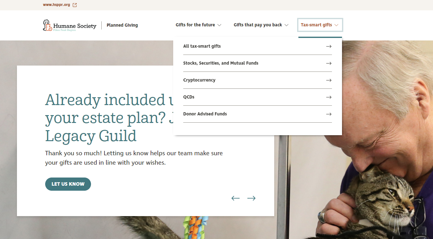 Screenshot showing the navigation options of a Planned Giving Website