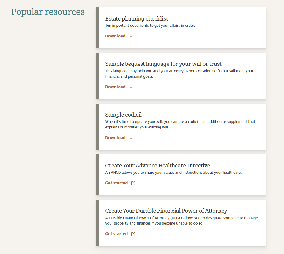 Library of additional resources included on the HSPPR's Planned Giving Website