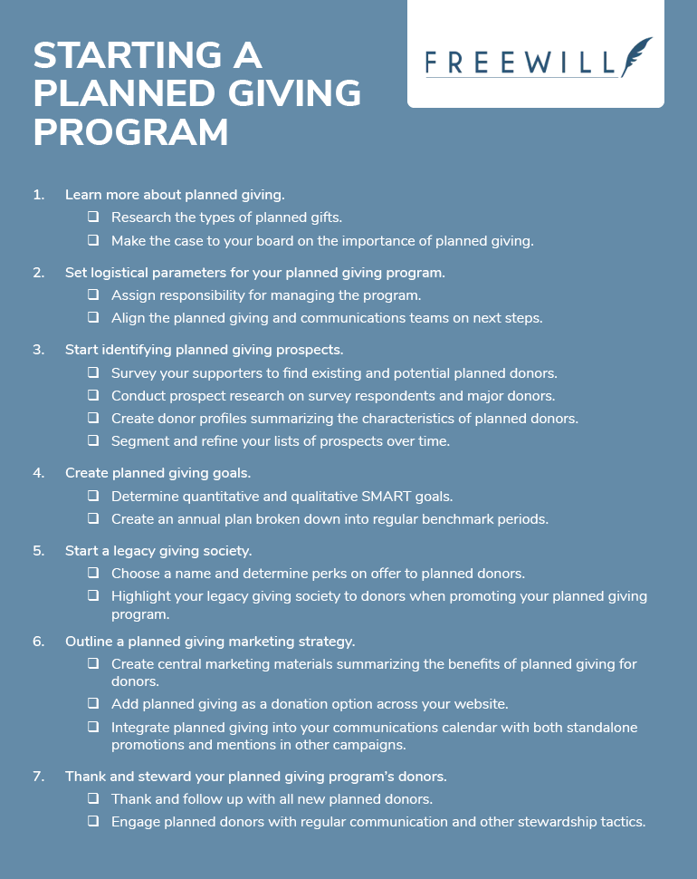 This planned giving checklist covers all the steps of starting a planned giving program as discussed above.