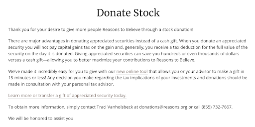 In this example of how to accept stock donations, the nonprofit created a page clearly explaining this giving option.