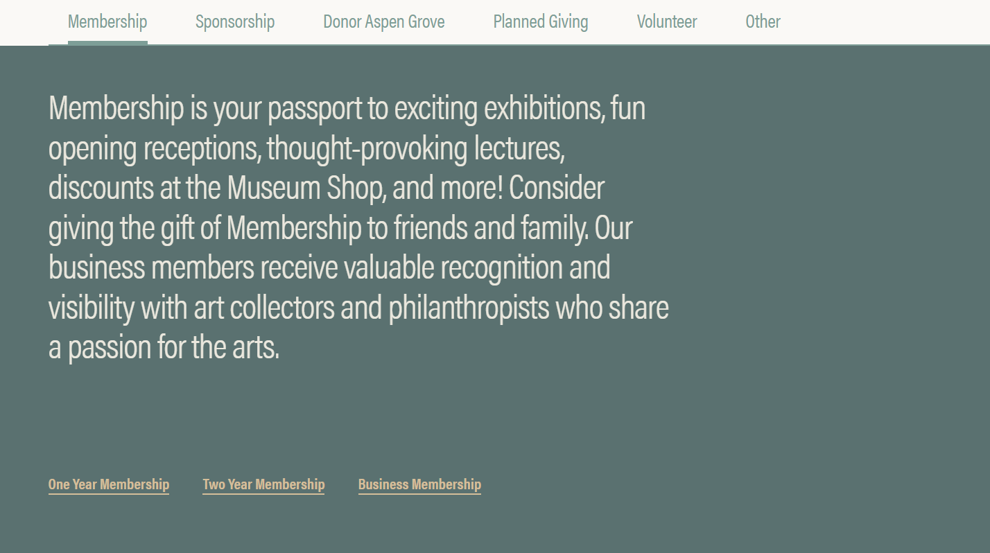 Ways to Give page example 3 - The page follows a strategic order, starting with membership options.