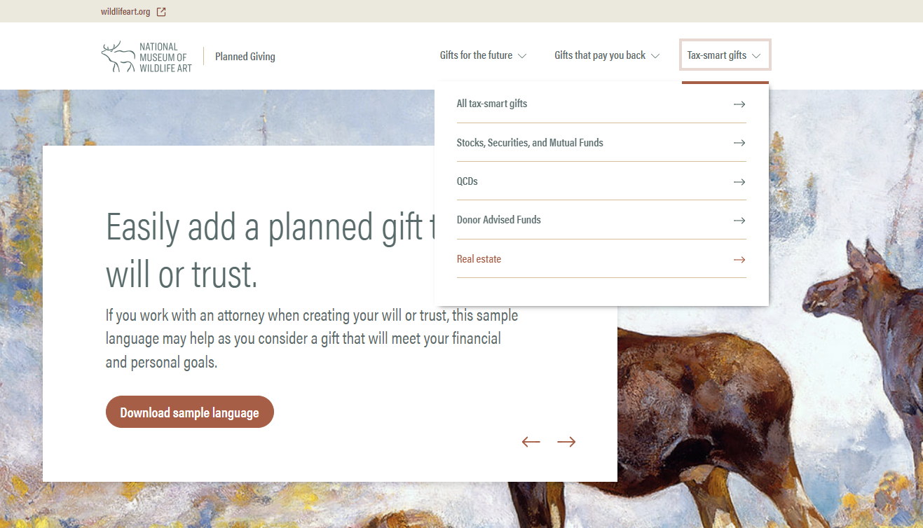 Planned giving website example 2 - Dedicated pages about specific types of planned gifts and a compelling navigation structure encourage more engagement.